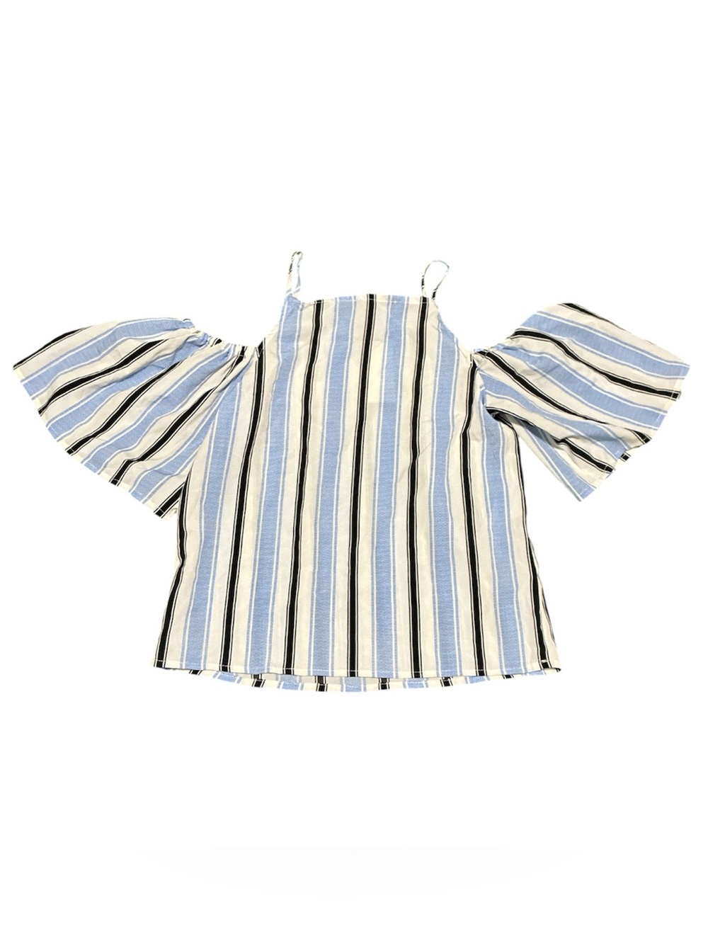 Crave Fame Blue White Black Striped Cold-Shoulder Blouse